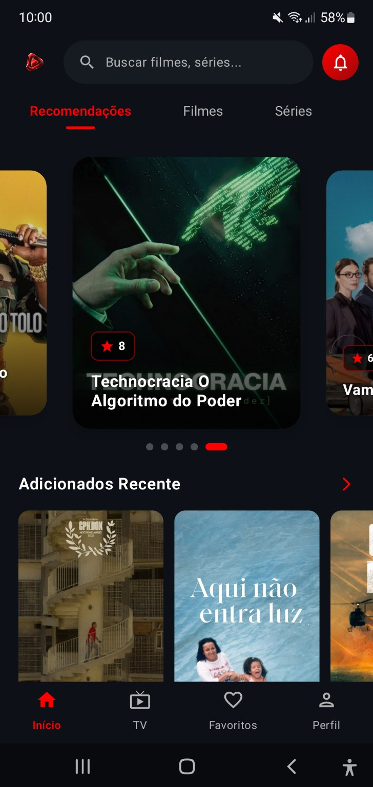 Tela inicial do aplicativo PLAYGO exibindo canais, filmes e séries